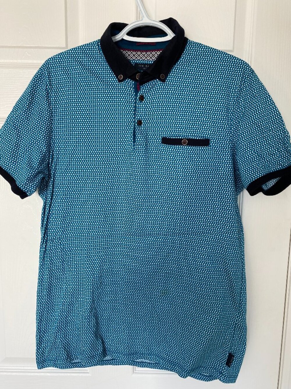 Ted Baker Teal Geometric Polo Size 4 L | Blue Diamond Print | Chest Pocket